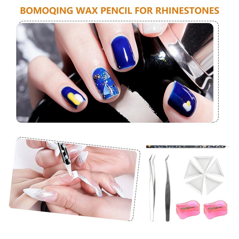 BOMOQING 10 Pencil for Rhinestones Pick up,Wax Rhinestone Picker Tool Pencil Nail Dotting Applicator White Bead Sorting Tray Triangular Plate 1 Pencil Sharpener, 1 Tweezers for Nail Art DIY - Image 4